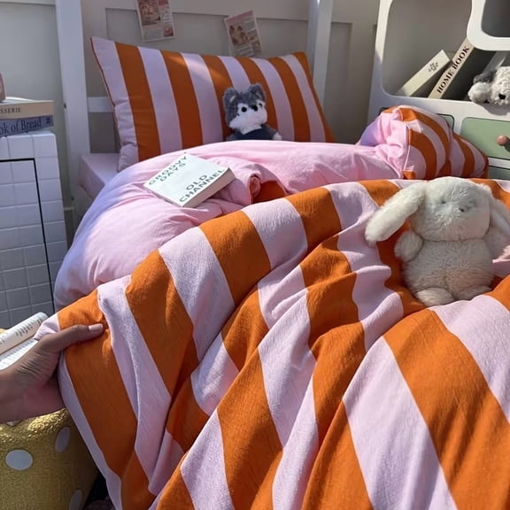 Orange Striped Duvet Cover Set 3 Piece with Pillowcases Soft Bedding