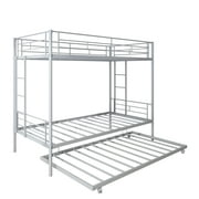 Enyopro Bunkbed with Roll Out Trundle Bed Frame, Metal Bunk Bed can be Divided into Two Twin Beds, Trundle Twin Bunk Bed with Ladders and Guardrails for Guest Room, Space Saving Bedroom Furniture