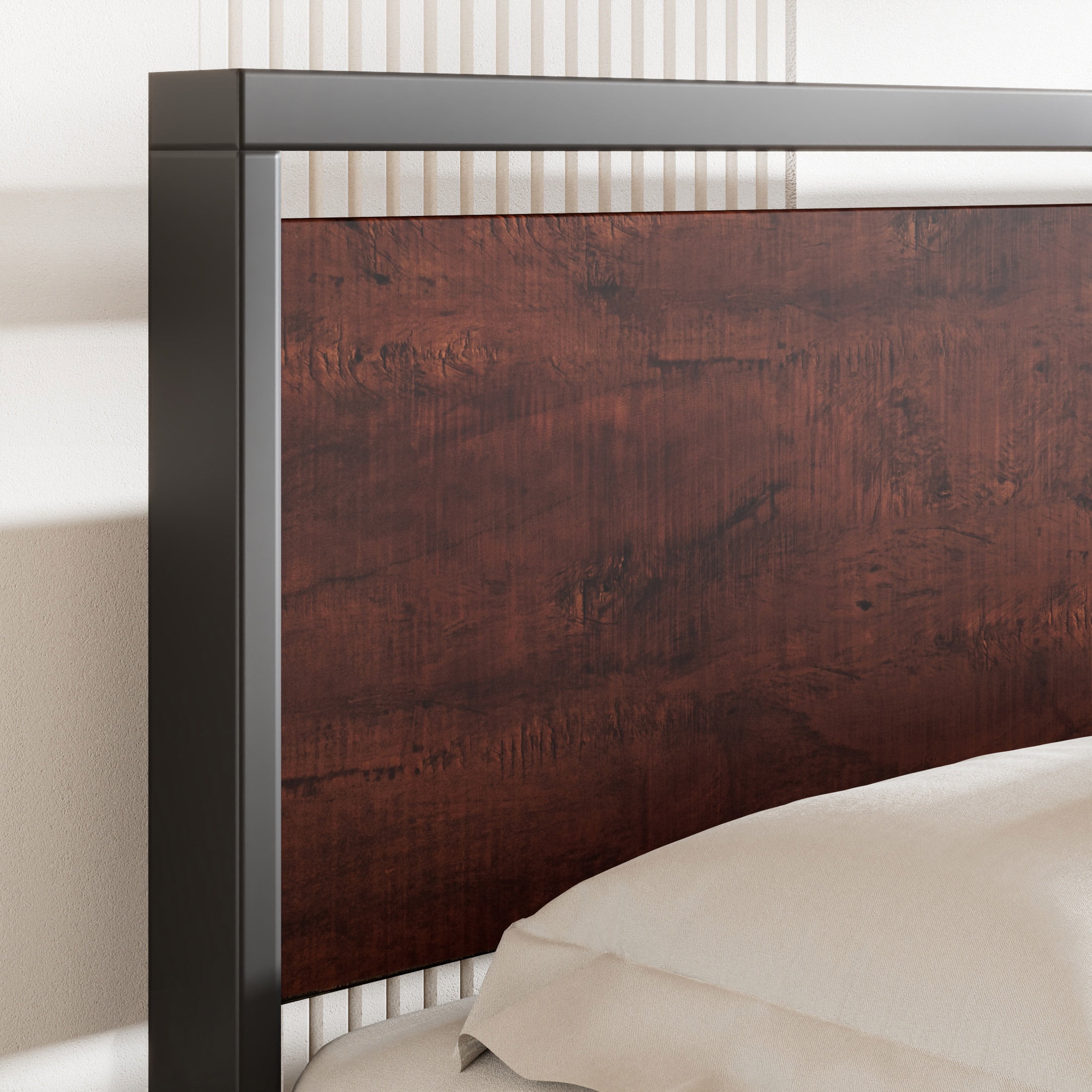 Sha Cerlin Walnut Queen Size Metal Platform Bed Frame with Wooden Headboard & Underbed Storage, Adult