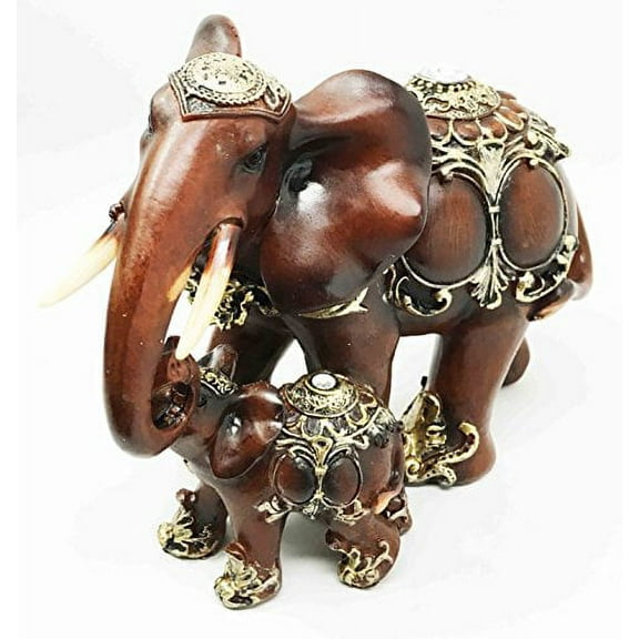 Thai Buddhism Noble Wood Finished Resin Mother Elephant With Calf Figurine Decor