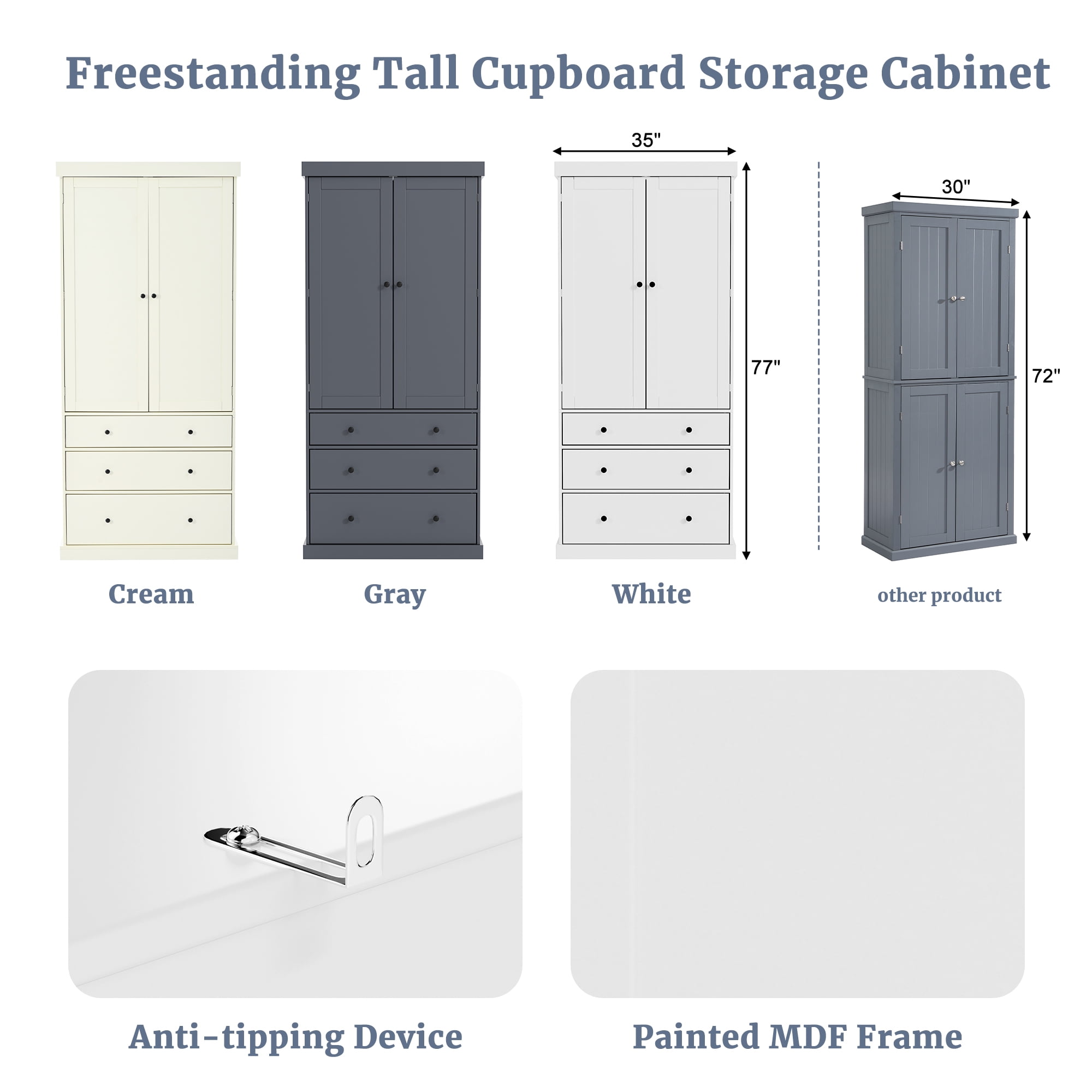 Euroco Spacious Kitchen Pantry with Adjustable Shelves, 8 Door Shelves, 3 Large Slide-Out Drawers, and Anti-Tipping Devices – Durable MDF Construction, Easy Assembly