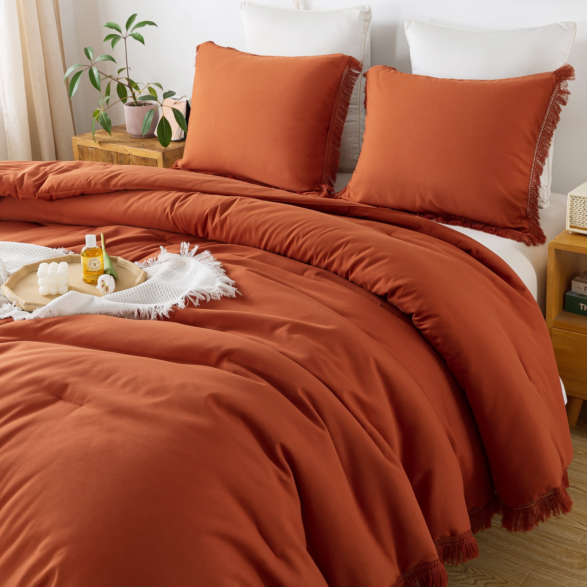 Andency California King Comforter Sets Burnt Orange, 3 Pieces Boho Tassel Terracotta Oversized Fall Bedding Comforter Sets, All Season Soft Fluffy Rust Down Alternative Bed Set