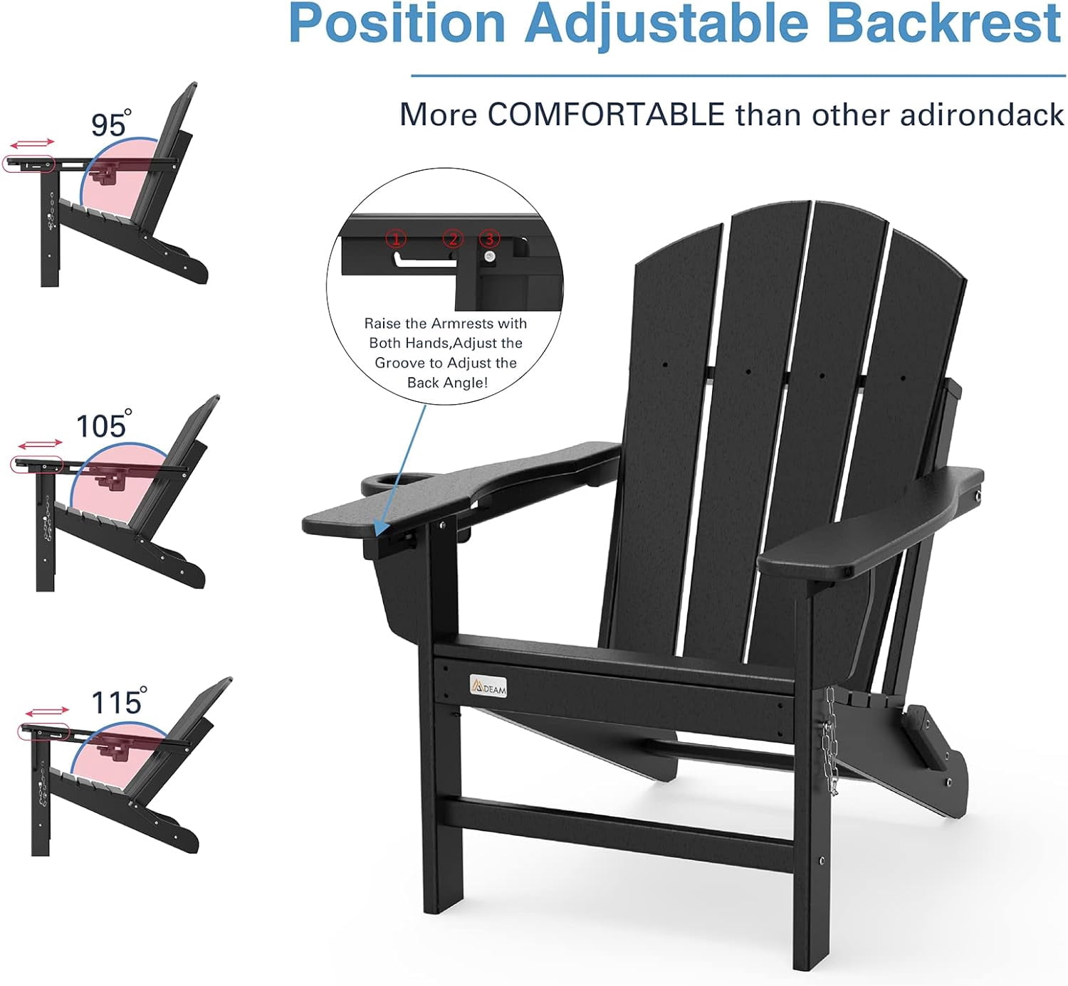 Erinnyees 3-Level Adjustable Adirondack Chair, Wooden Textured, HDPE All-Weather Folding Fire Pit Chair with Cup Holder, Outdoor Chair for Poolside Deck Patio Garden Backyard Lawn Campfire