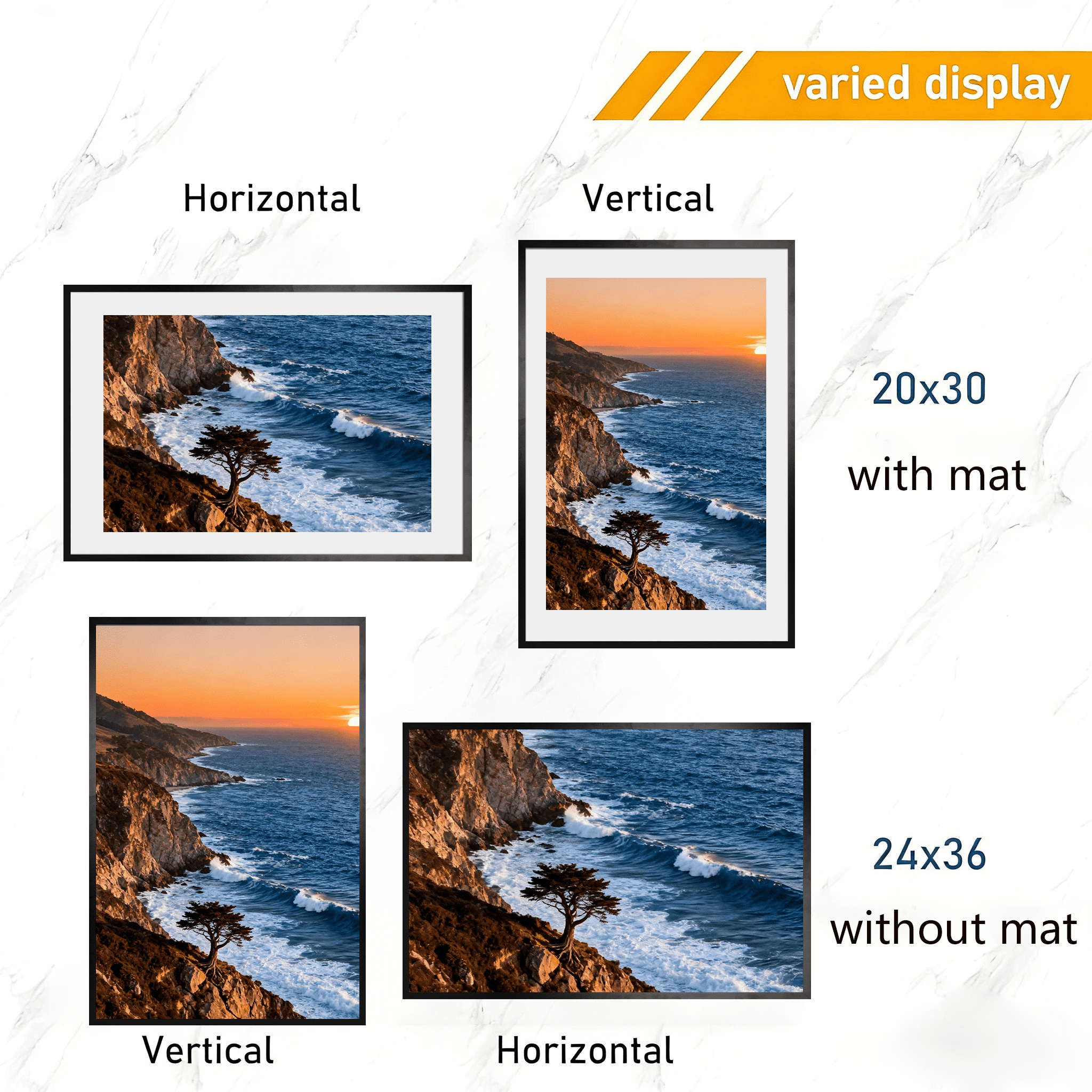 24x36 Picture Frames, Display 24x36 Without Mat or 20x30 With Mat Pictures, Wall-Mounted Poster Frame for Wall Decor, Pack of 4