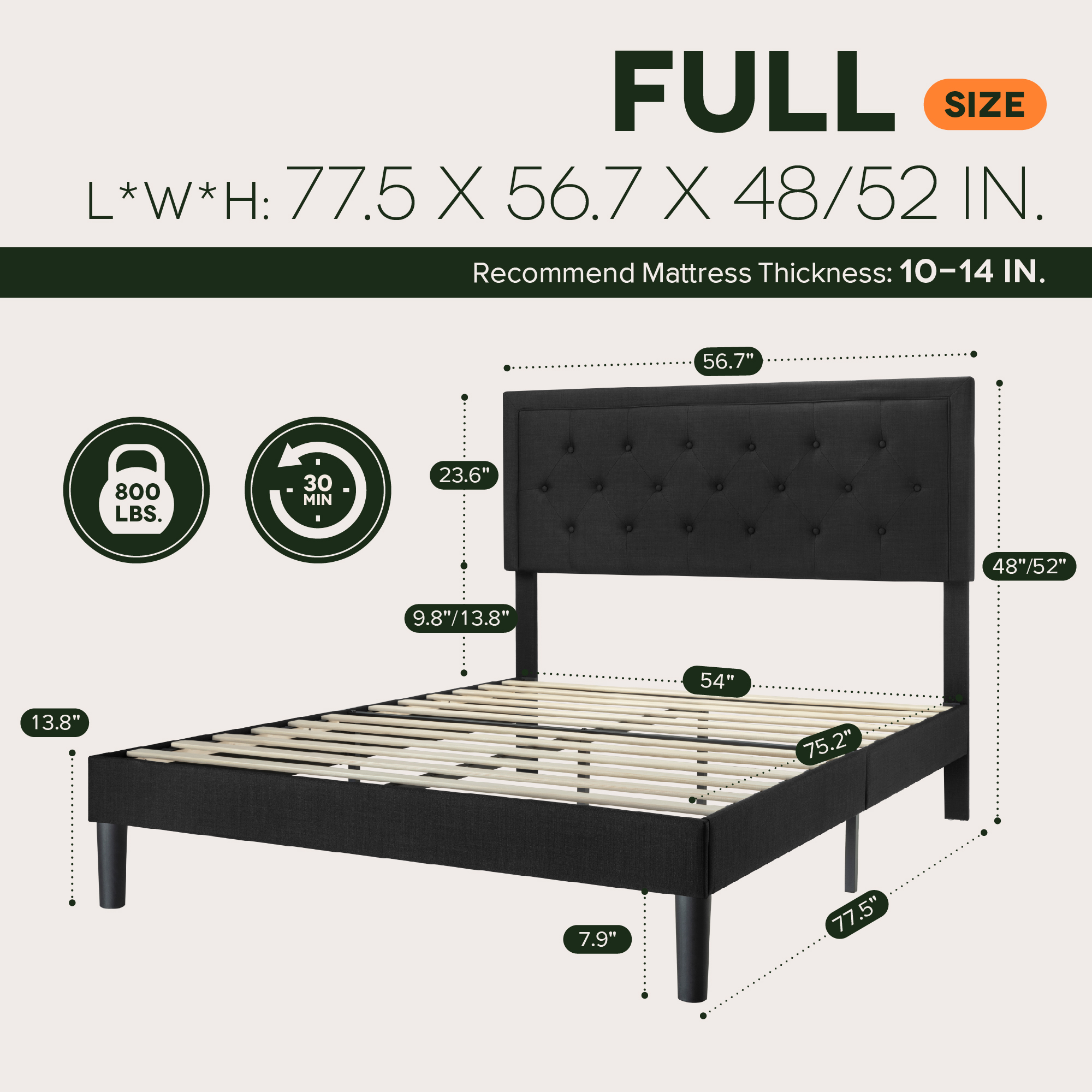 Amolife Queen Bed Frame with Adjustable Headboard, Fabric Upholstered Platform Bed, No Box Spring Required, Black