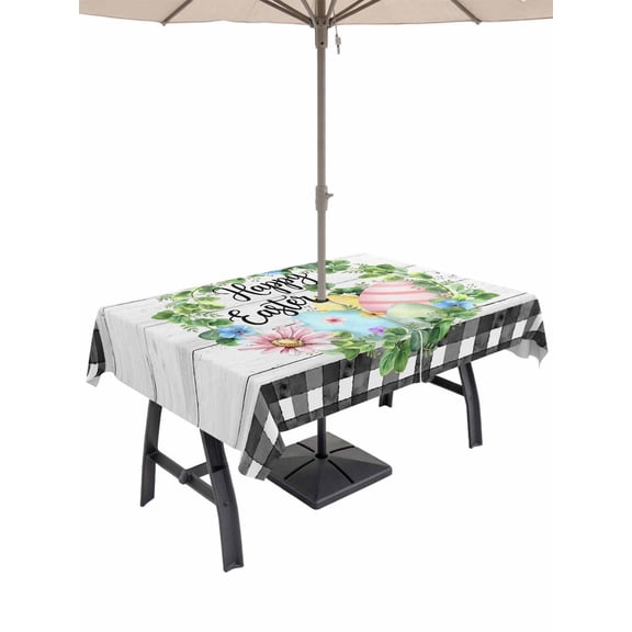 Easter Outdoor Tablecloth - 60x102 Inch Rectangle Dining Table Cover, Spring Colorful Egg Flower Leaf Grey Wood Grain Plaid Waterproof Outdoor Table Cloth with Umbrella Hole & Zipper for Picnic/Patio