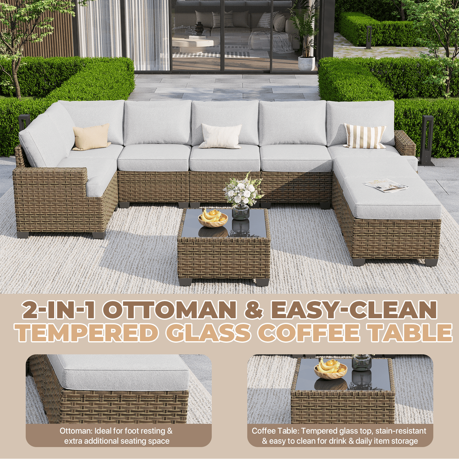 BaPiPro 9-Piece Outdoor Rattan Modular Patio Sofa Set with Thick Light Gray Cushions, Multi-Use Ottoman and Easy-Clean Coffee Table for Garden and Patio Leisure Use