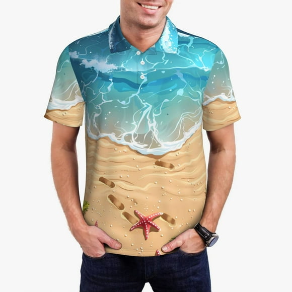 Saiise Tropical Beach With Starfish Print Mens Golf Shirt Moisture Wicking Quick-Dry Print Performance Polo Shirts for Men-3X-Large