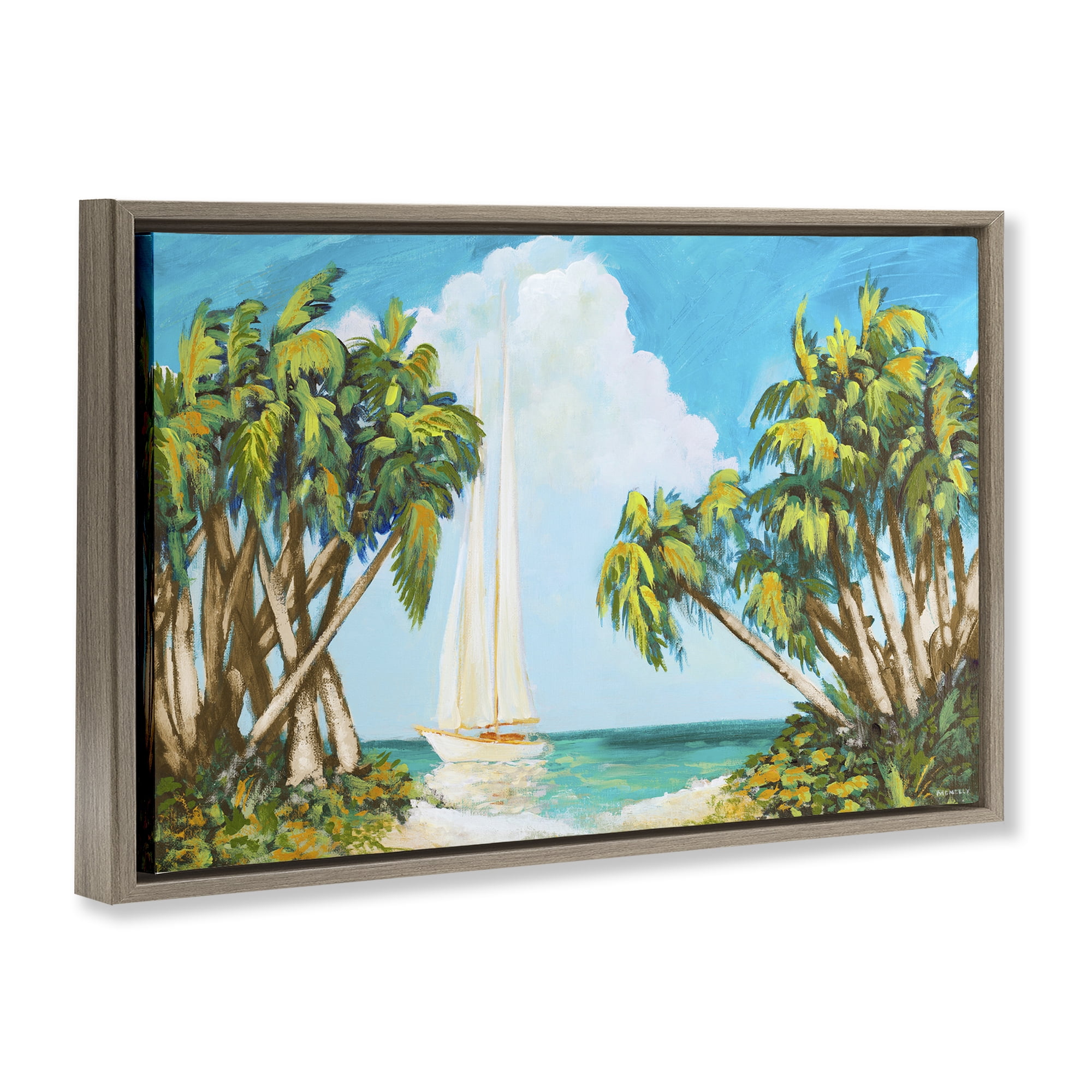 Stupell Industries Sailboat Among Palms Brown Framed Floater Canvas Wall Art, design by Dan Meneely