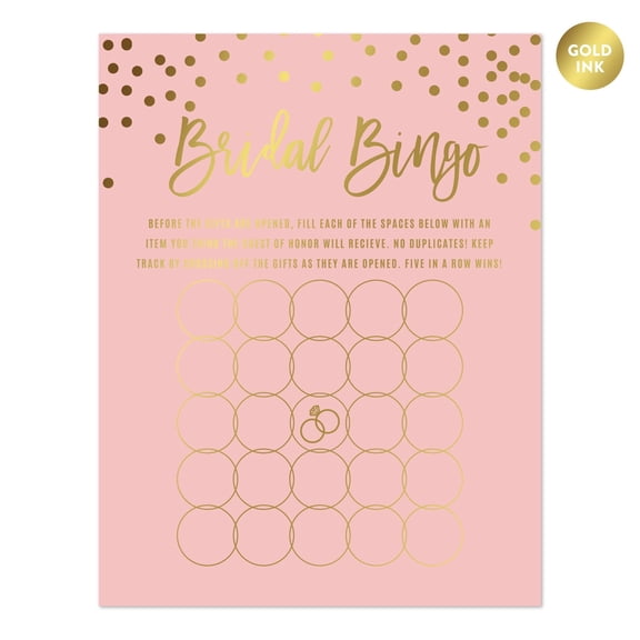 Koyal Wholesale Blush Pink Paper Bridal Shower Bingo Game Cards, Metallic Gold Confetti, 20-Pack