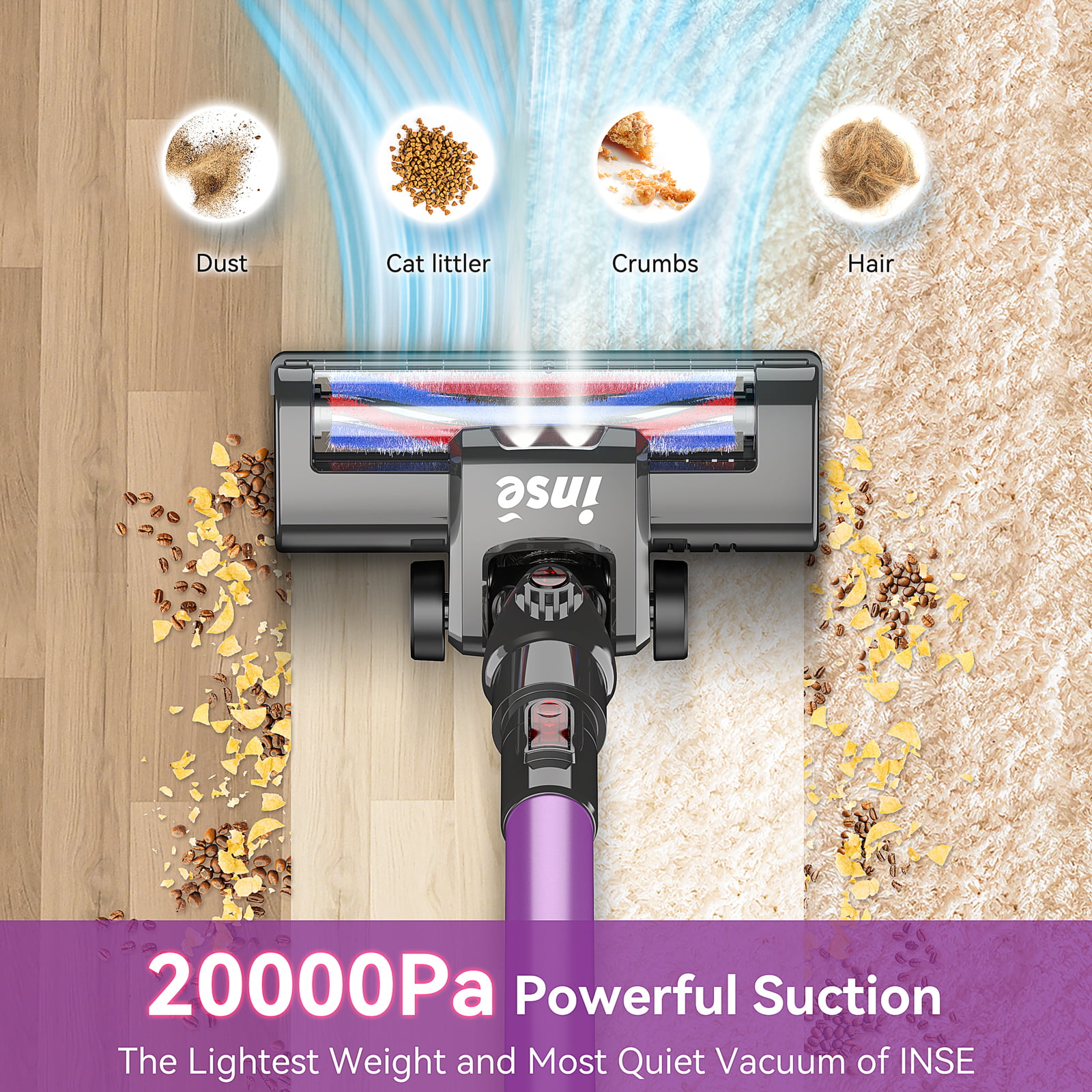 INSE N6P Cordless Vacuum, 20KPa Powerful Vacuum Cleaner with 160W Motor, 4-in-1 Stick Vacuum, Rechargeable Handheld Vacuum Cleaner for Home Hard Floor Carpet Pet Hair - Purple - 1