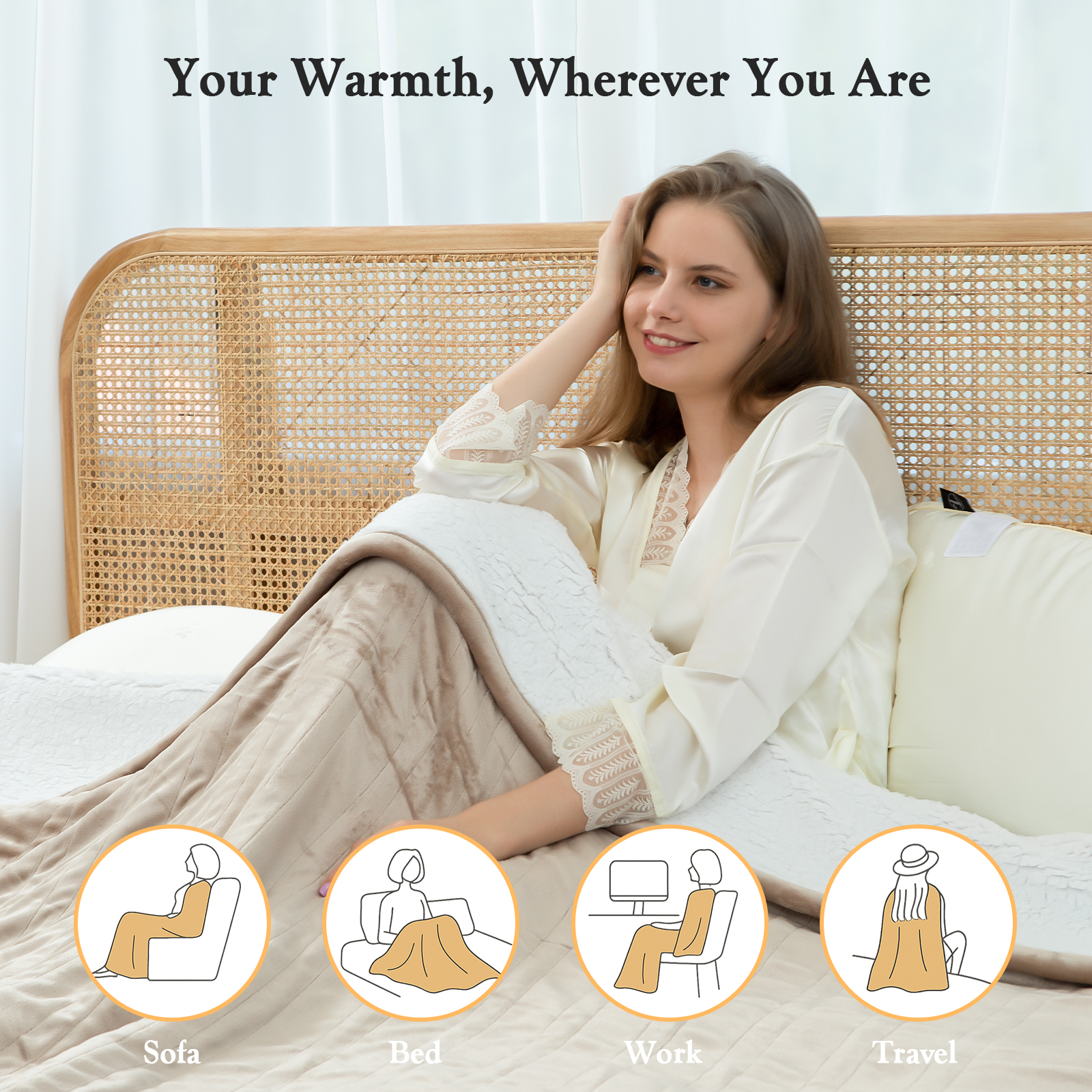 COZY@HOME Electric Blanket, Sherpa and Flannel Throw Size 50"x60", Light Taupe，Fast Heating 6 Heating Levels & 4H Auto-Off, Machine Washable