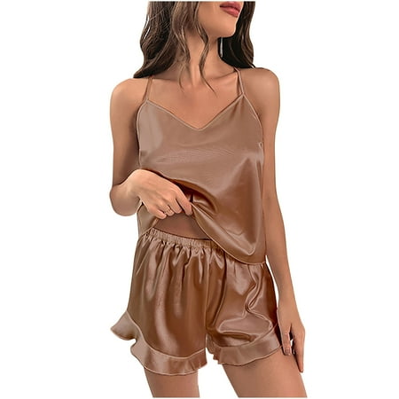 Samickarr Mini Nightdress Lingerie For Women Two Piece Nightgown Sleeveless Chemise Slip Lace Dress Round Neck Nightwear Satin Homewear Sleepwear