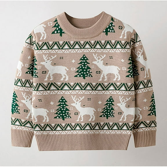 Tfken Christmas Toddler Girls Sweater Soft Cartoon Print Classic-Fit Crew Neck Pullover Sweater Beige Size 2-3 Years