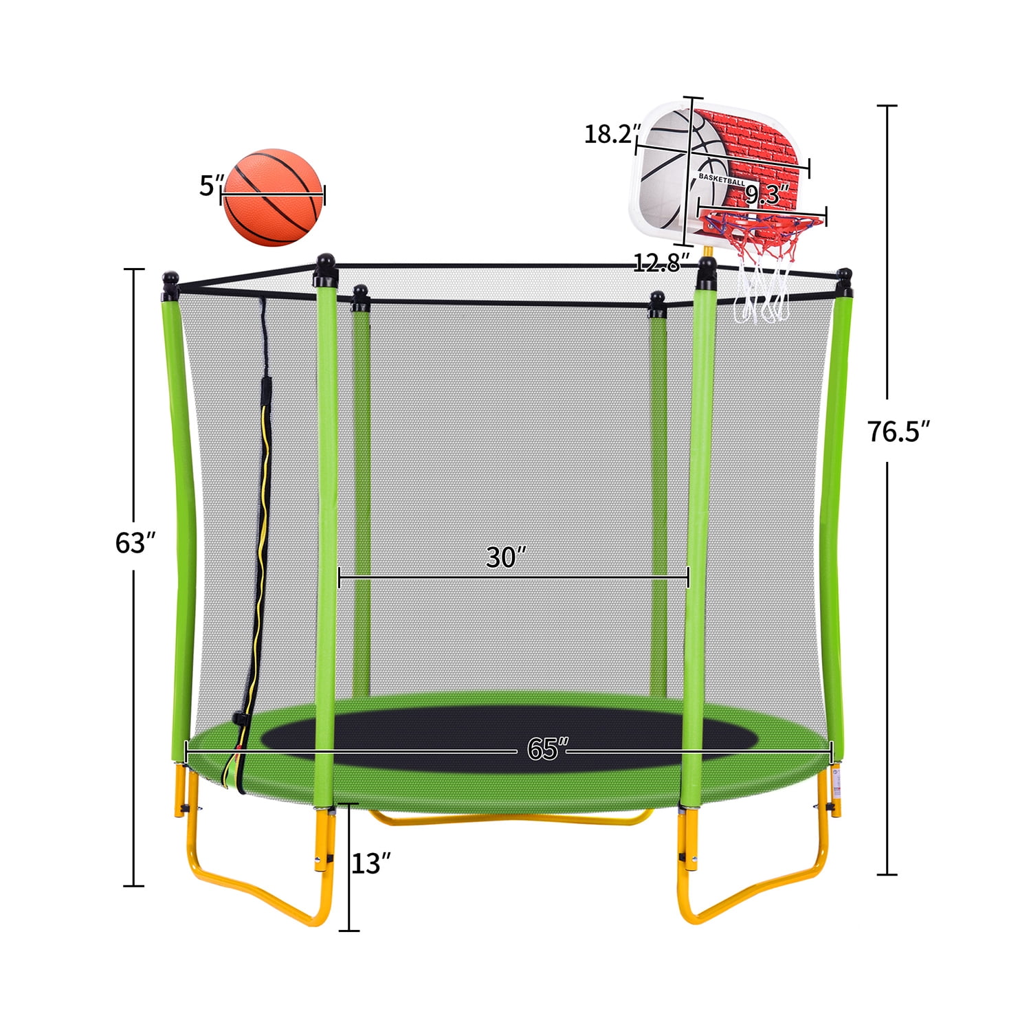 Kadyn 5.5FT Children Trampoline, Metal Mini Small Trampolines with Enclosure, Basketball Hoop and Ball Included, Indoor Outdoor Mini Trampoline for Kids, Green