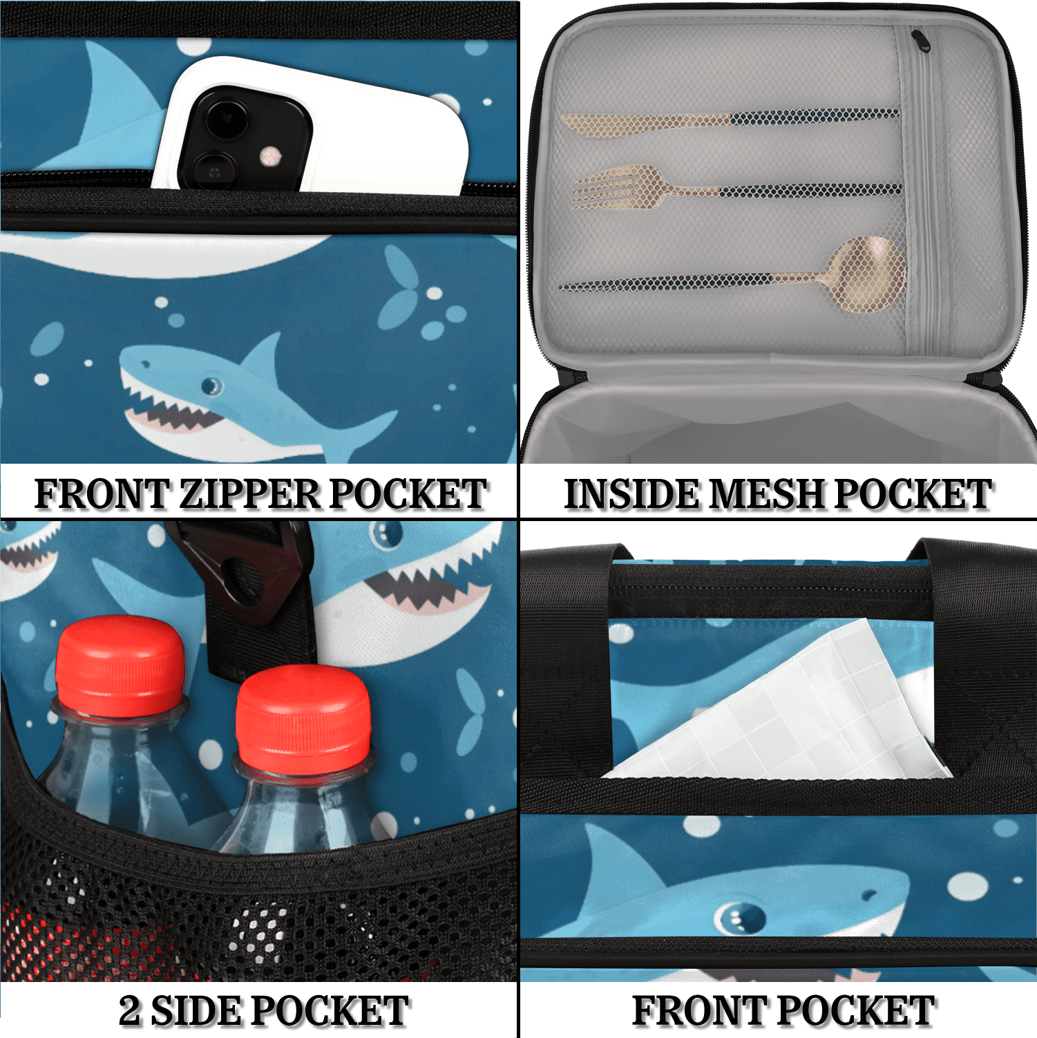 Herdesigns Shark Ocean Themed Large Lunch Box for Adults Women Men with Adjustable Shoulder Strap, Insulated Reusable Lunch Bag Leakproof Cooler Tote Bag