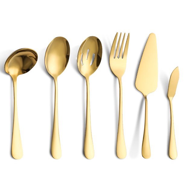6-Piece Matte Silverware Set with Serving Utensils, Stainless Steel Flatware Cutlery Set for 6, Square Tableware Eating Utensils Set for Wedding Restaurant Home, Dishwasher Safe Gold