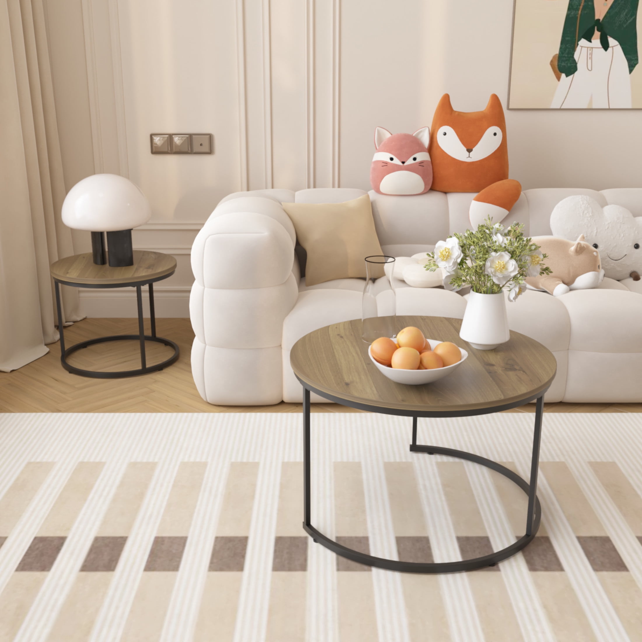 Noble House Lazura 27.6" Grain Look Nesting Coffee Table Set, Round MDF Top with Metal Base, Brown, Set of 2