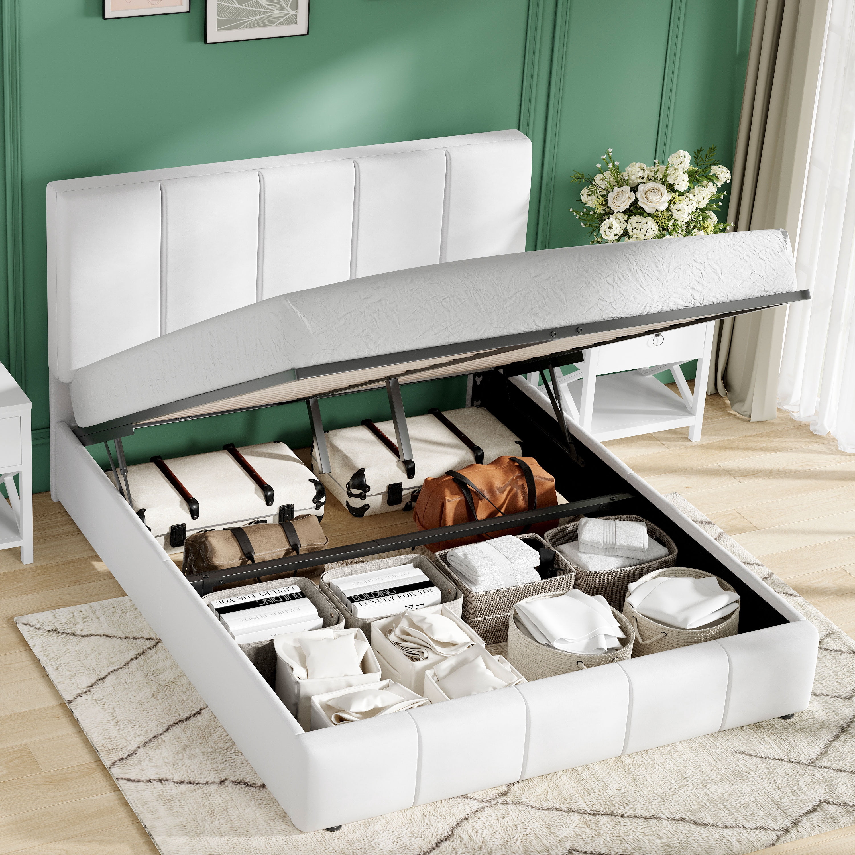 Amolife Full Size Lift Up Storage Bed Frame, Velvet Upholstered Platform Bed with Adjustable Headboard, No Box Spring Needed, White