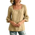 thumbnail image 6 of Tops for Women 3/4 Sleeve Square Neck Solid Color Casual Cotton Linen with Petal Sleeves Top, 6 of 8