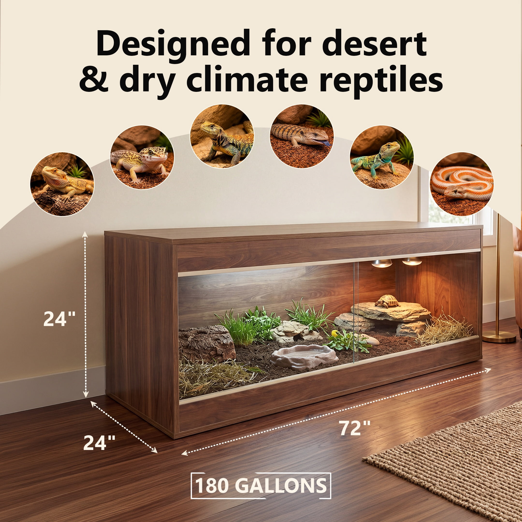 Crawl Creations 180 Gallon Reptile Enclosure, Made in USA 72" x 24" x 24" Bearded Dragon Tank with Sliding Glass Doors, Large Terrarium for Geckos, Snakes, Lizards & Tortoises - California Walnut