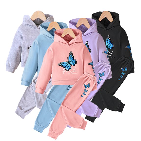 KYAIGUO kids Baby Girls Tracksuit Outfit Spring Fall Butterfly Printing Hooded Sweatshirt Pullover Tops Jogger Pants 2PCS Set for 3-10 Years