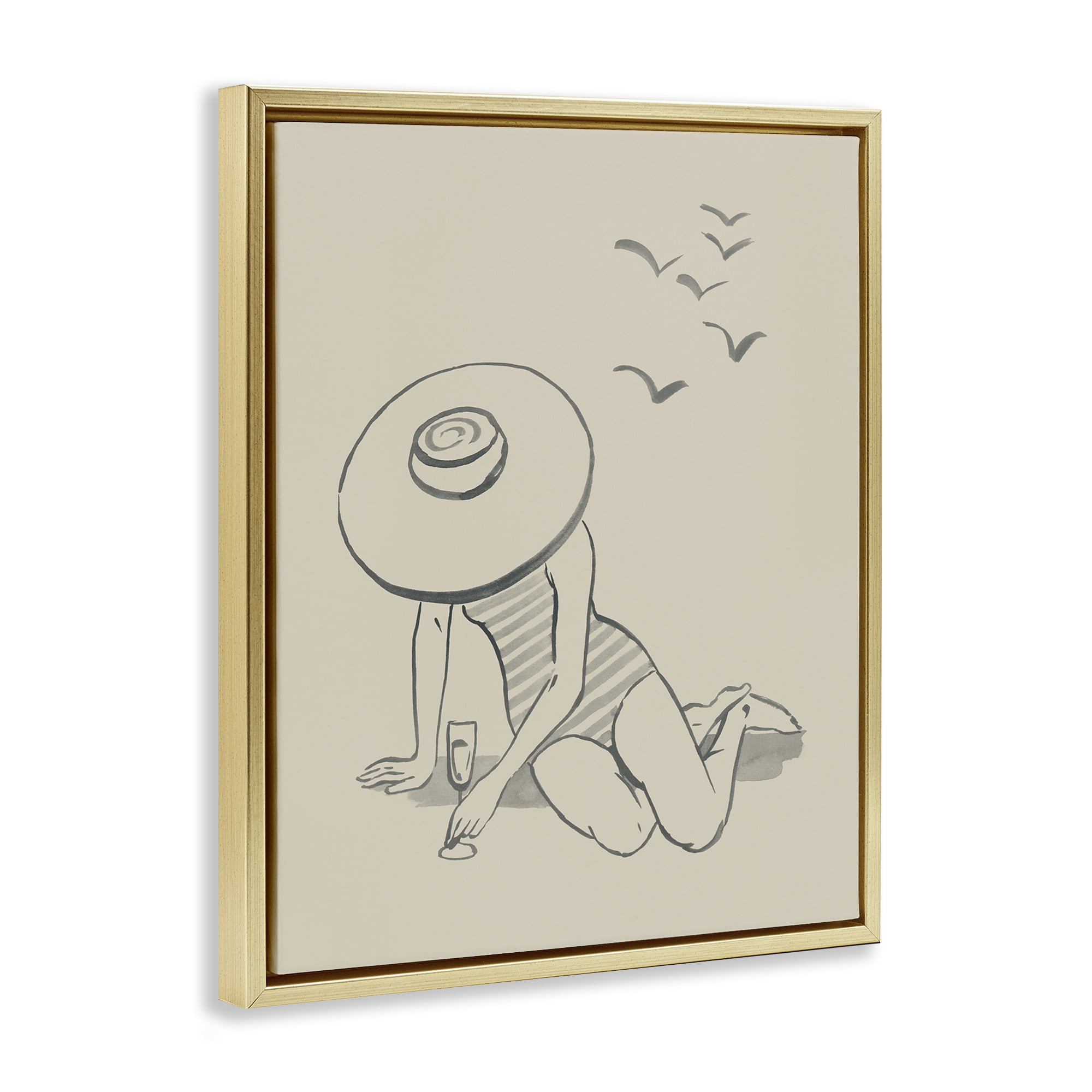 Stupell Industries Girl on Beach Sketch Novelty Drawing Gold Floater Framed Canvas Art Print Wall Art, 25 x 31