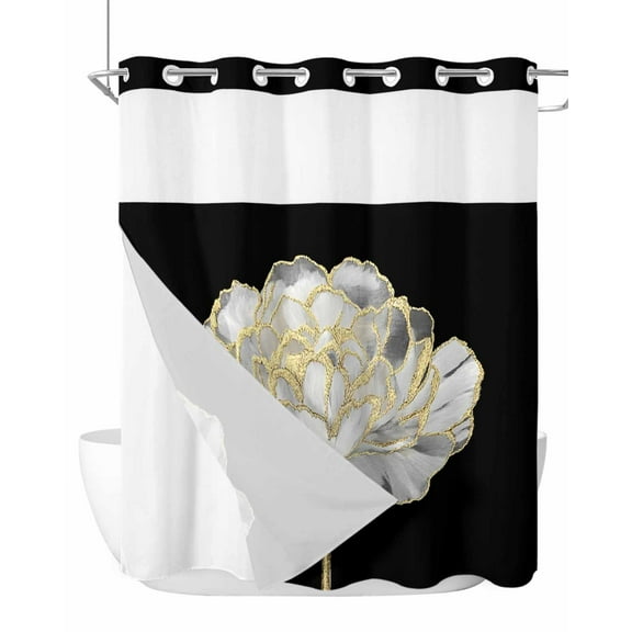 No Hook Cloth Fabric Shower Curtain with Snap in Liner, Flower Black Waterproof Shower Curtains Set with See Through Top Window, Gold White Abstract Floral Aesthetic Bath Curtains Shower 72"x72"