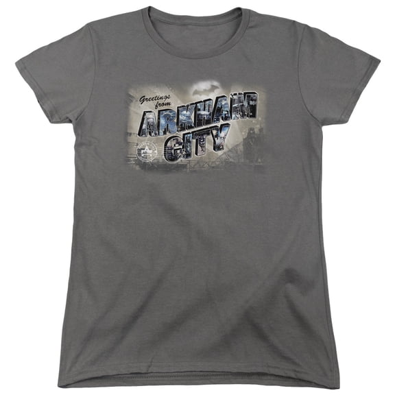 Batman Arkham City Greetings From Arkham S/S Women's T-Shirt-Charcoal