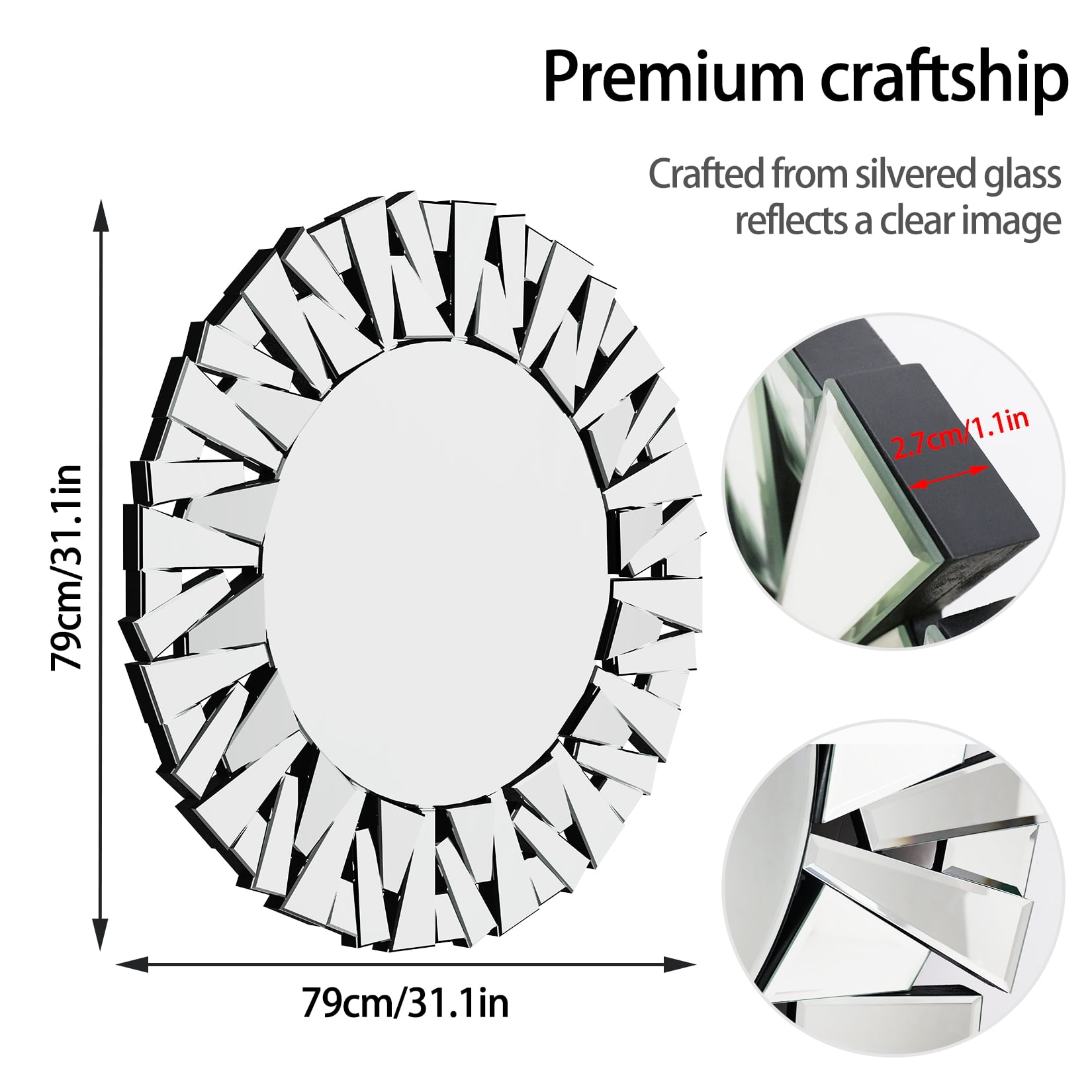 LUVODI Clear Sunburst Wall Mirror Decorative Accent Mirror for Bathroom Living Room Decor Round 32in