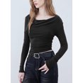 thumbnail image 3 of Kmbangi Womens Long Sleeve Shirts, Solid Color Irregular Oblique Shoulder Ruched Casual Shirts, 3 of 4