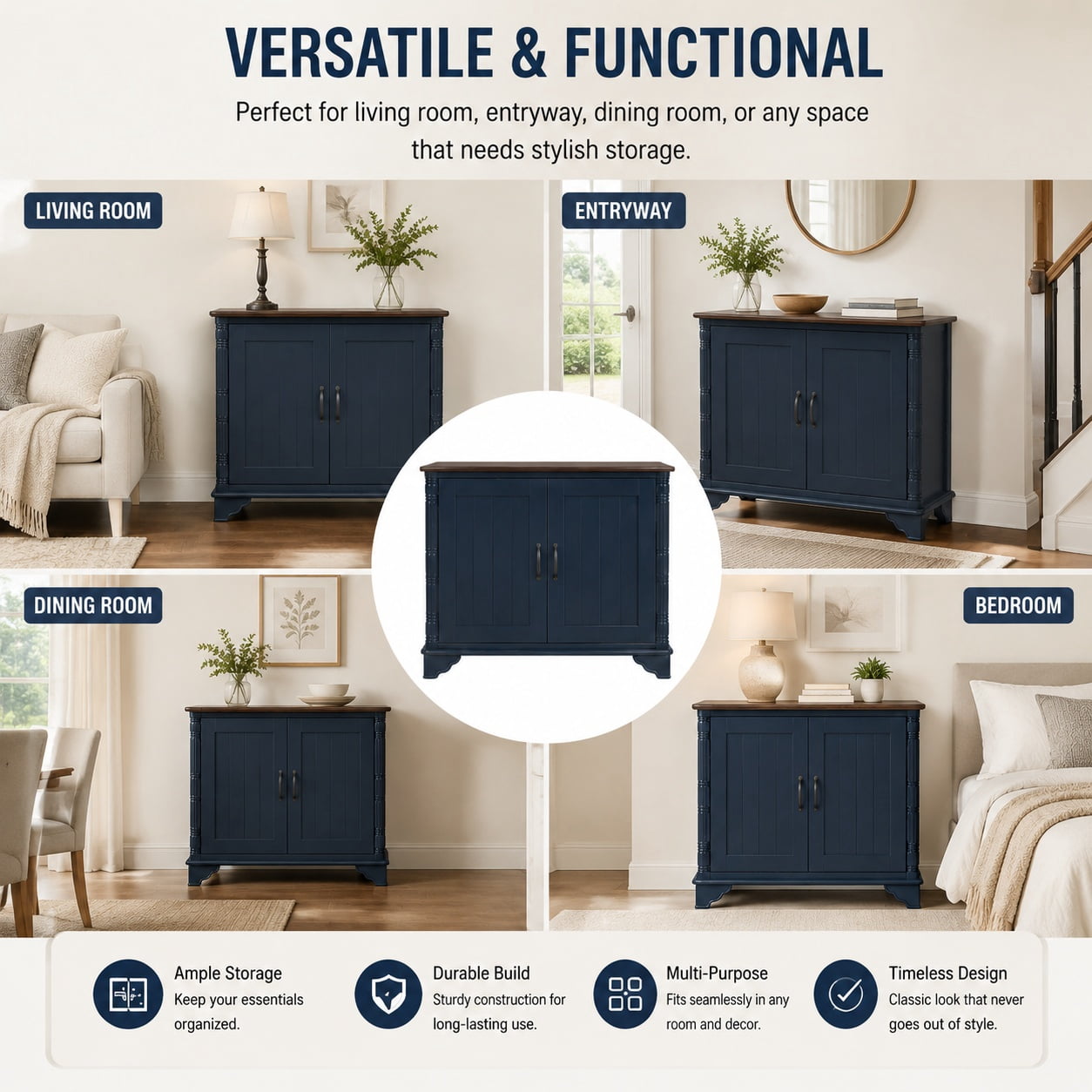 Aukfa 40" Farmhouse Accent Storage Cabinet, Solid Pine Wood Frame,Storage Organizer for Entryway & Living Room,Blue