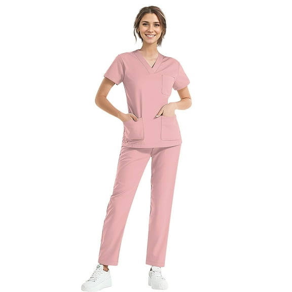Trendy Scrubs for Women: Breathable V-Neck Top & Straight Leg Pants Set Pink L