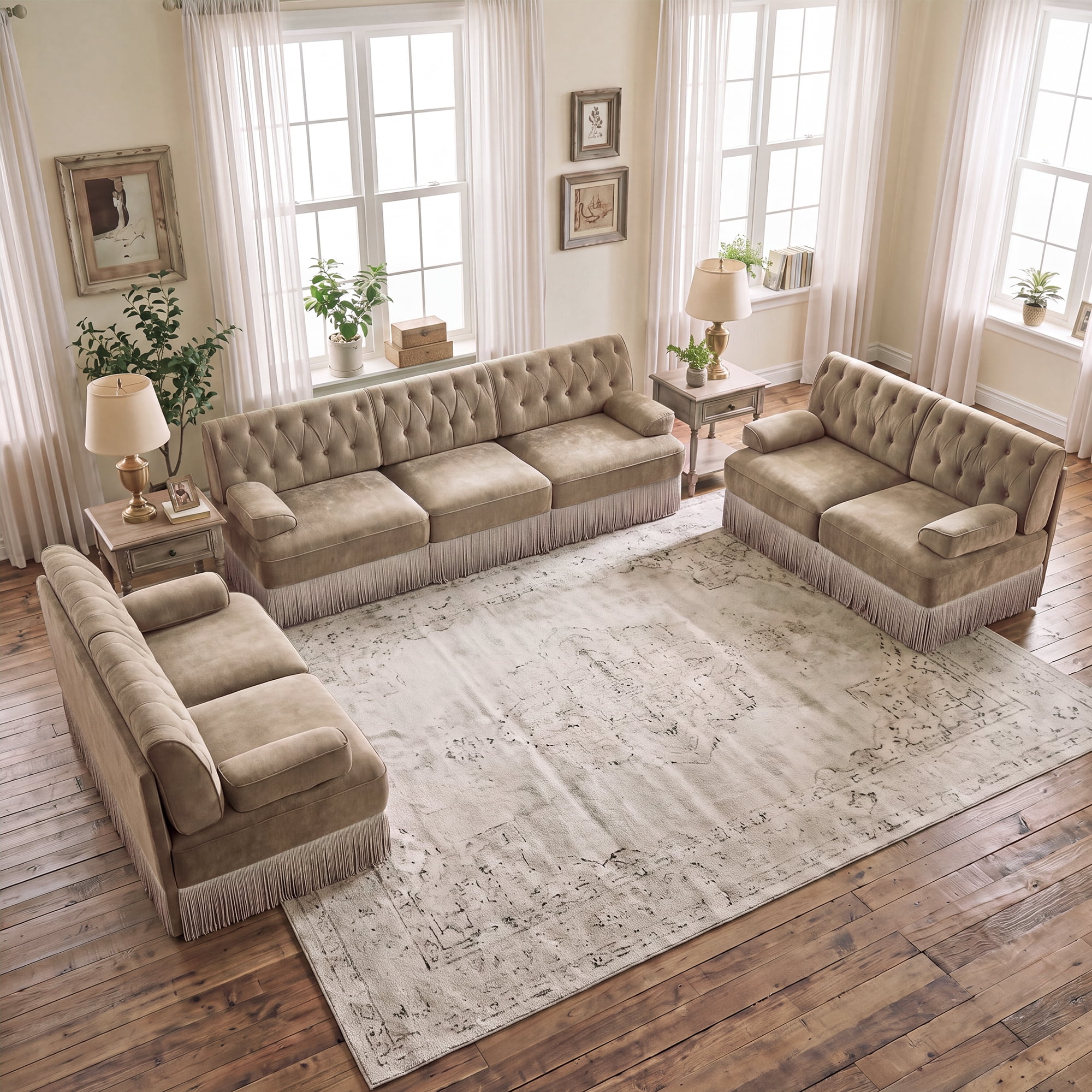 3‑Piece Sectional Sofa Set, 2 Pcs Loveseat & 1 Pcs 106" 3‑Seater Sofa Couch Set with Tassel Skirt