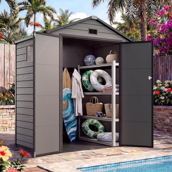 Quictent 6x4 FT Resin Storage Shed with Floor, Outdoor Plastic Storage Shed with Lockable Door & Window, Utility Shed for Garden Tools, Bike Accessories, Lawn Mower
