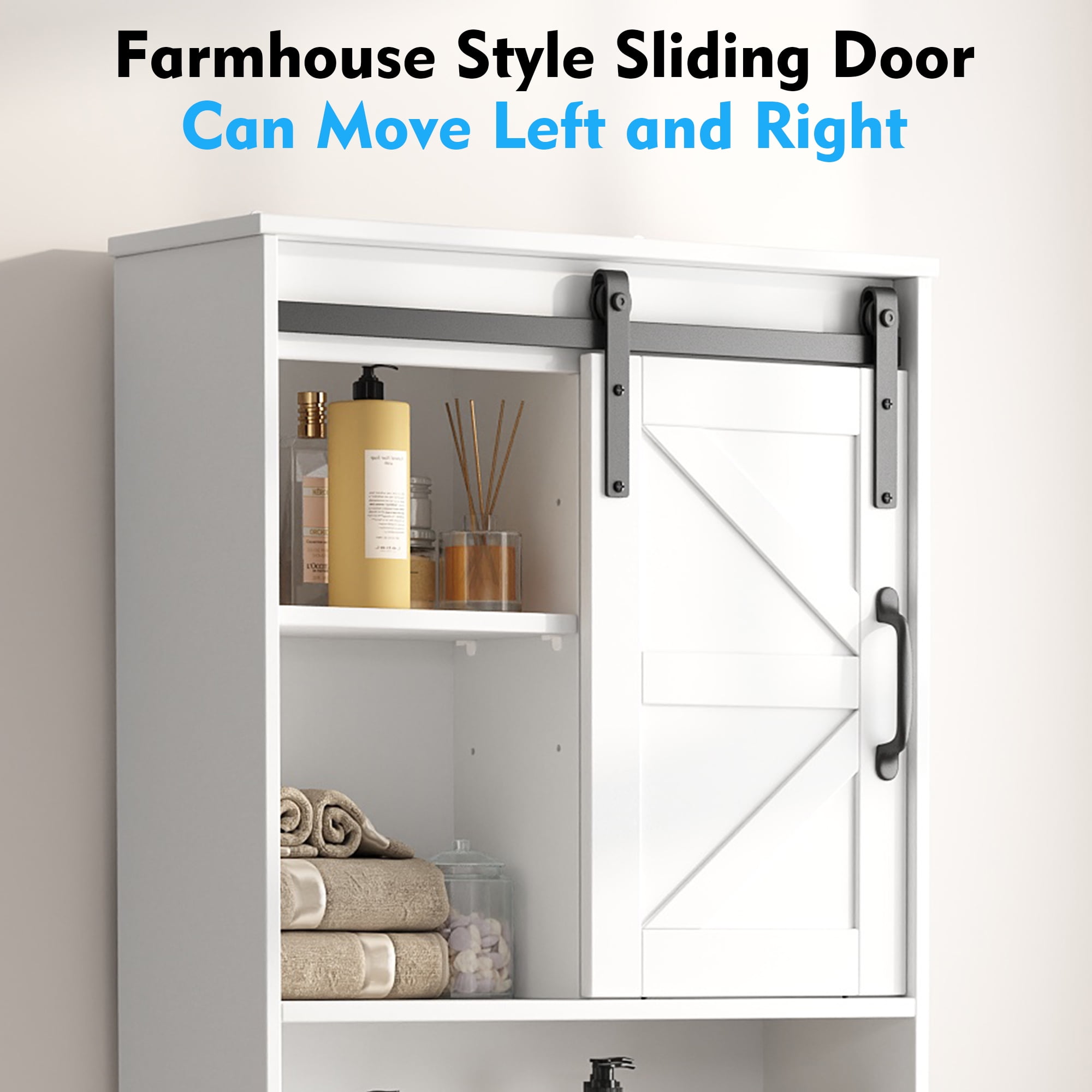 Over the Toilet Storage Cabinet, Rustic Storage Cabinet Over Toilet with Sliding Barn Door & Adjustable Shelves, Farmhouse Space Saver Organizer for Bathroom,Living Room, White