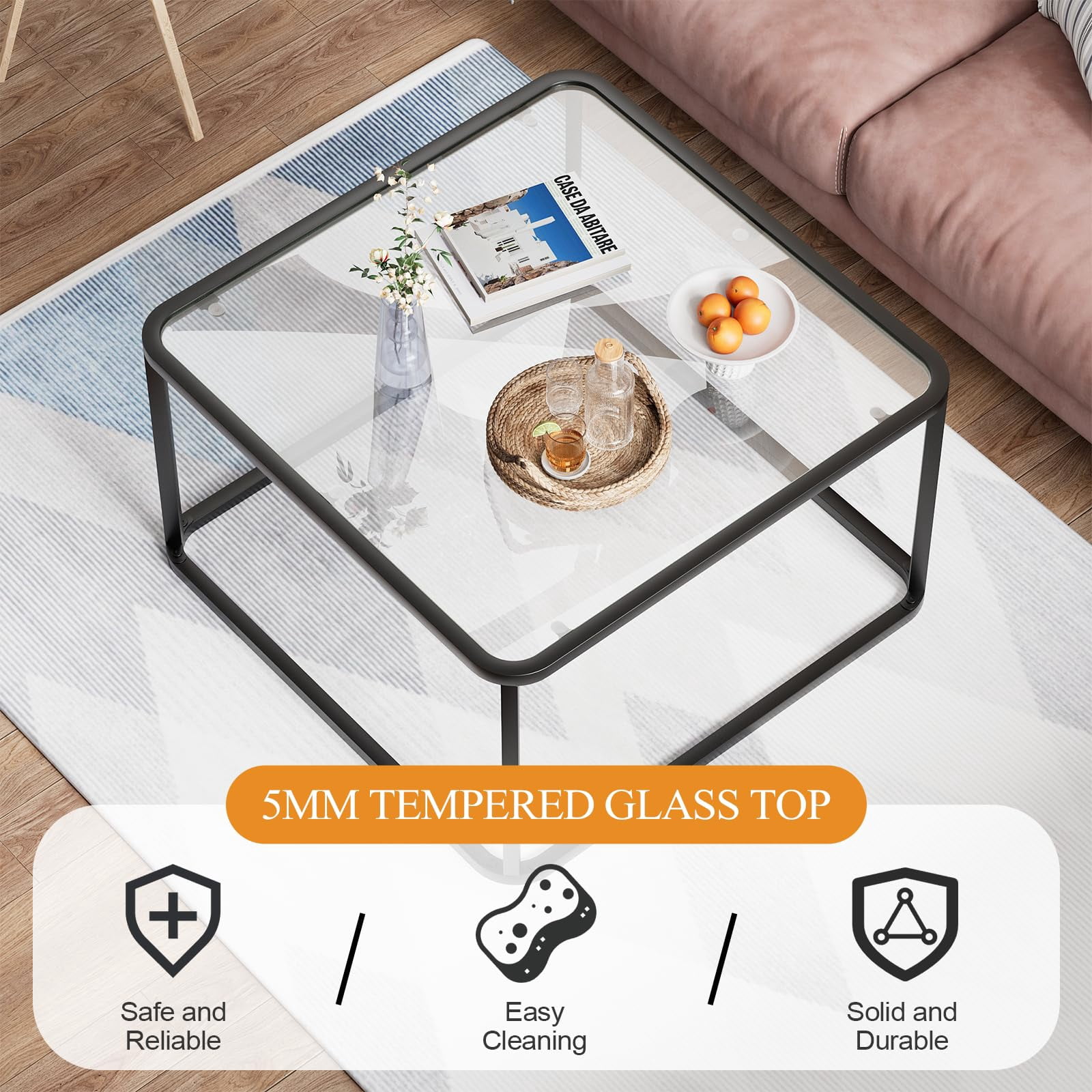 Coffee Table Glass, Minimalist Square Tables for Living Room, Modern Center Table for Office or Small Space, Tempered Glass, Sturdy Metal Frame, Easy Assembly, 26.4 x 26.4 x 15.7 Inches, Black