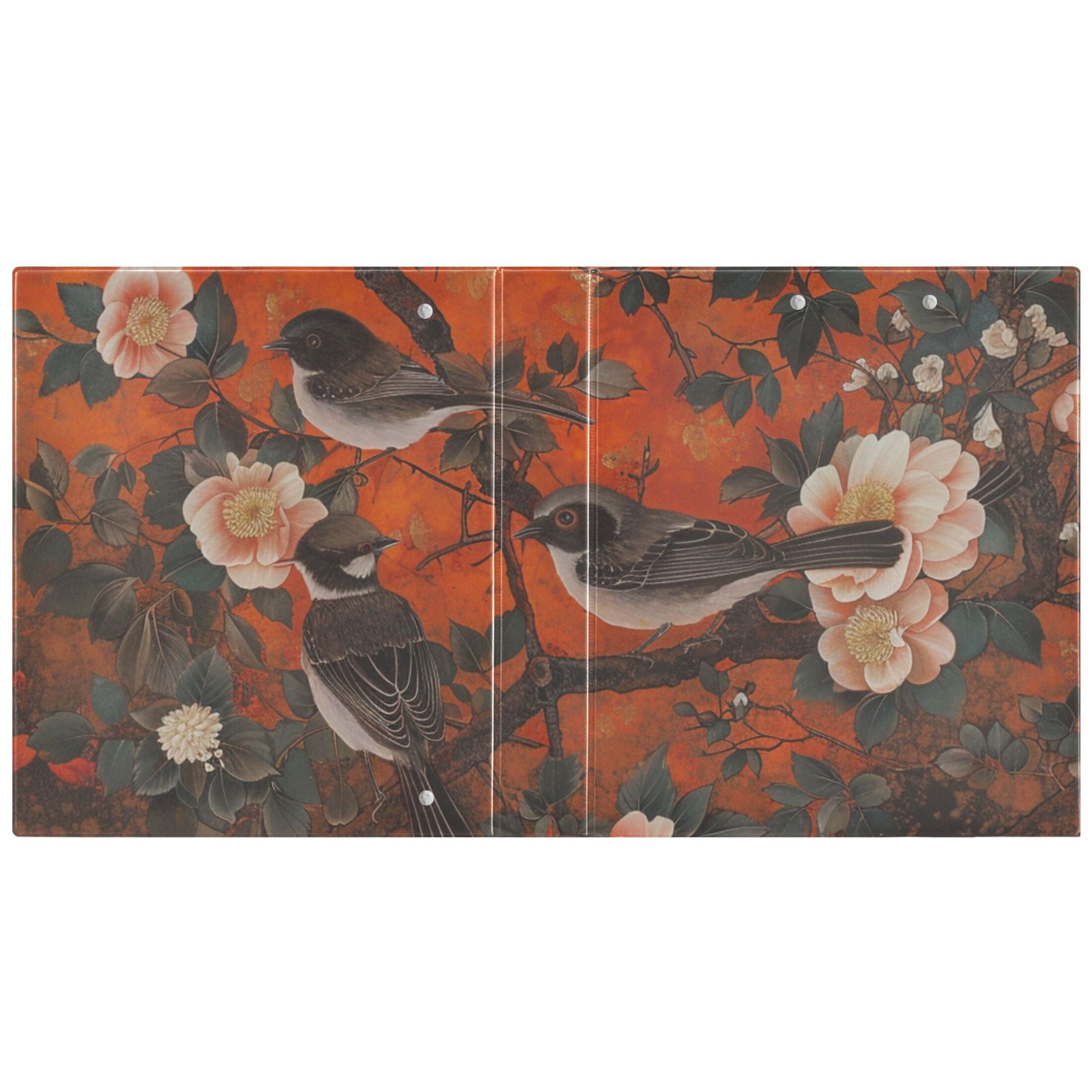 Flowers with Birds 3 Ring Binders 1.5 inch Hardcover File Folders with Interior Pockets A4 Size Organizer for School Office Hospital Set of 2