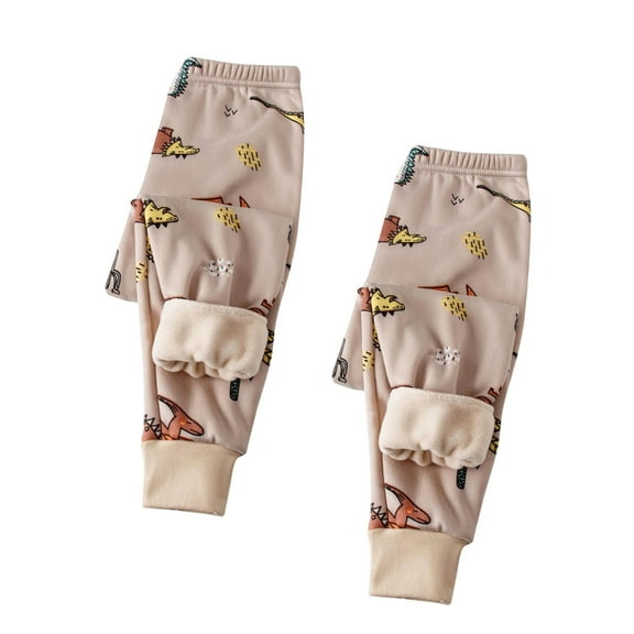 Thetops Tod-dler 3T Khaki Cotton Pants 2 Pack - Fleece Lined, Dinosaur Print, Soft Breathable, Elastic Waist, Warm for Daily/Outdoor/Sleepwear