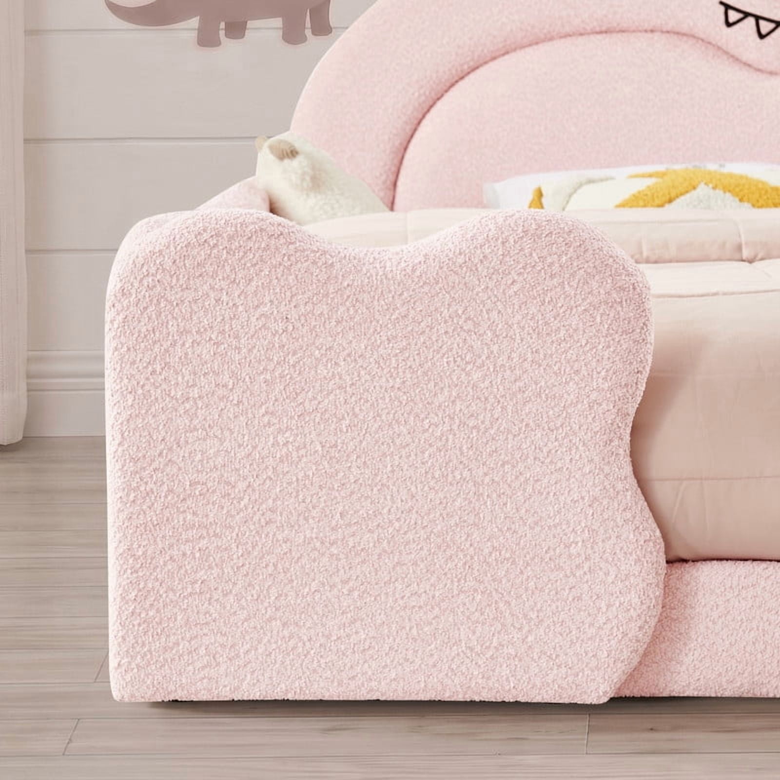 Full Size Kids Dinosaur-Shaped Platform Bed with Guardrails, Low-Profile Upholstered Boucle Fabric Playful Child Daybed Frame