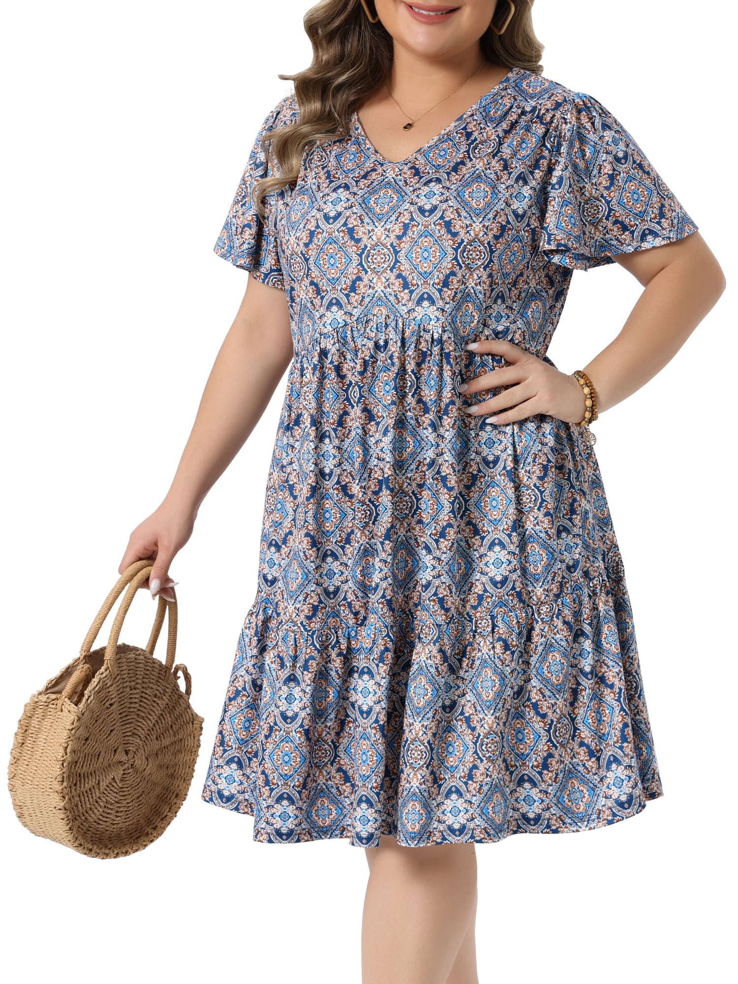 DARING DIVA Women's Plus V Neck Short Flutter Sleeve Midi Sun Dress 1X Blue