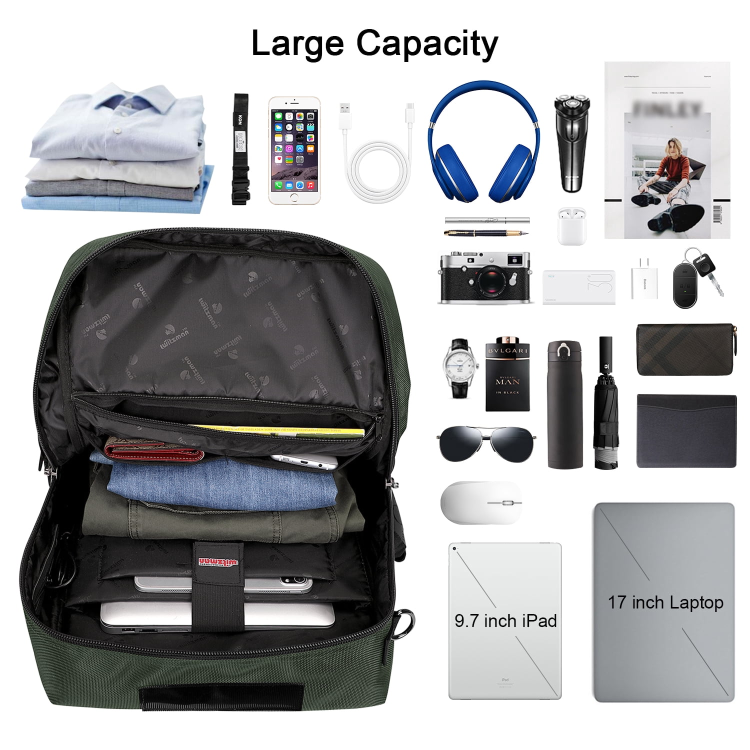 WITZMAN Carry on Travel Backpack for Men Airline Approved Convertible Nylon Duffle Backpack Luggage Bag(B682 Army Green)