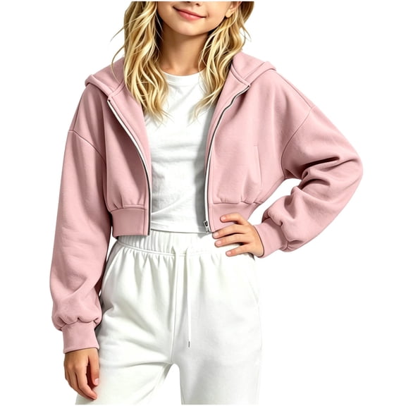 JOANKDMI Teen Girls Cropped Zip Up Hoodie Long Sleeve Hooded Sweatshirt Fall Y2K Fashion Drop Shoulder Basic Casual Outerwear Active Jacket Tops for Kids Youth Athletic Wear