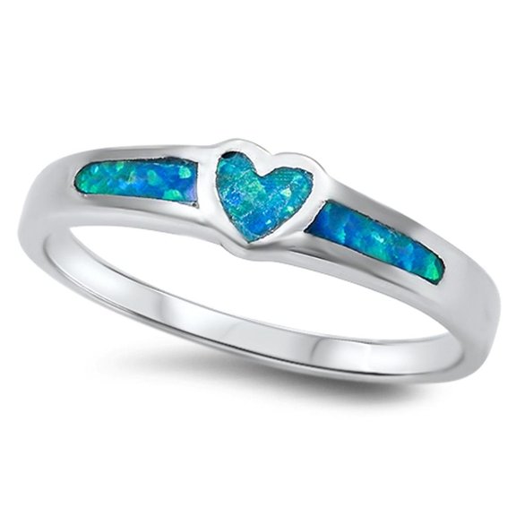 Blue Simulated Opal Heart Love Ring .925 Sterling Silver Band Cubic Zirconia Jewelry Female Size 5
