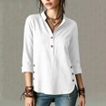 thumbnail image 2 of ClodeEU Women's Linen 3/4 Sleeve Crewneck Button Shirt with Side Slit,Solid Color Casual Summer Top White,Women's Plus S, 2 of 9