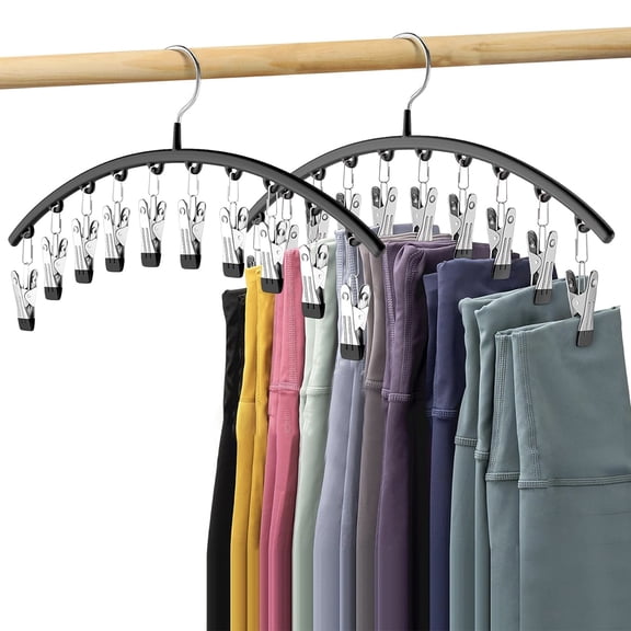 Square 2 Pack Metal Legging Organizer for Closet - 20 Clips Holds 20 Yoga Pants, Space Saving Hanging Storage with Rubber Coated Clips, Black