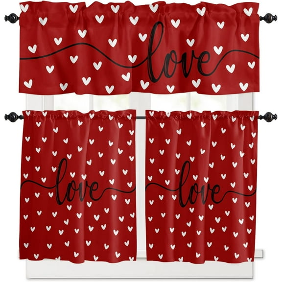 Valentines Kitchen Curtain Set Love White Heart Rod Pocket Kitchen Tier Curtains Valance Set 3 Piece Red Valentines Day Window Curtain Valance Tier Set 54 x 24 in