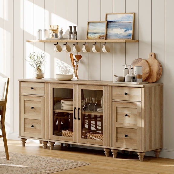 Sideboard Buffet Cabinets with Glass Door, Kitchen Storage Cabinets with Charging Station, Wooden Coffee Bar Table with Adjustable Shelf & 2 Drawers for Dining Room, Living Room, Oak