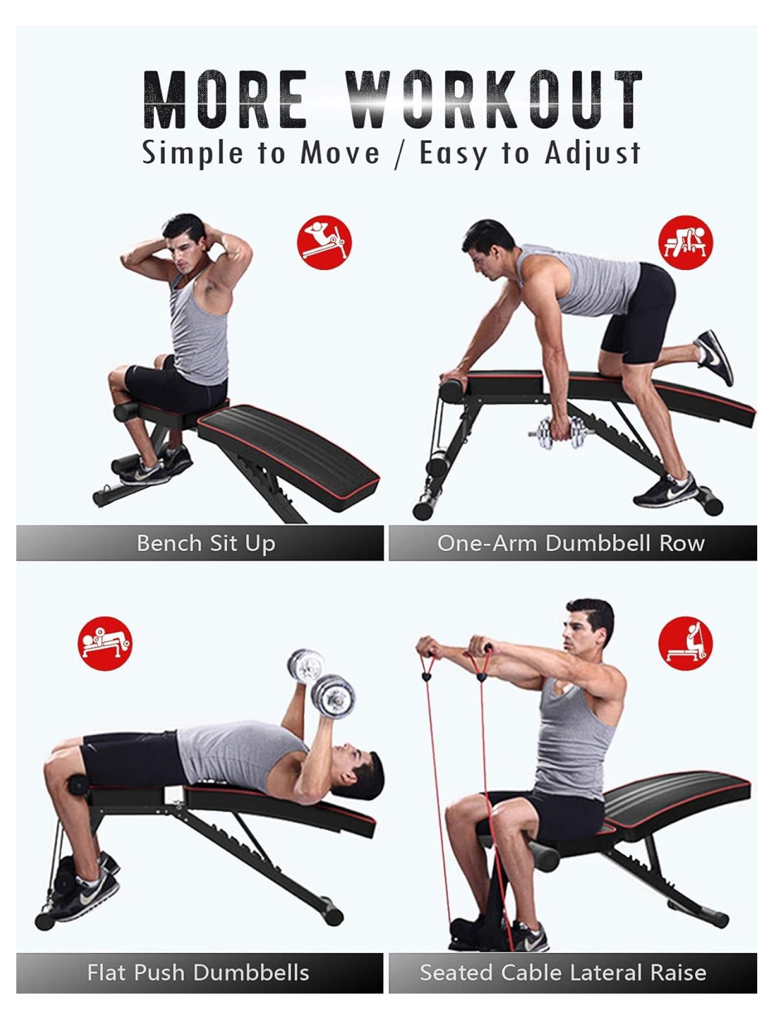 Workout Weight Benches 330lbs Capacity, Adjustable 7-levels Backrest Press, Foldable Incline Decline Exercise , 6 in 1 Flat Dumbbell Sits-up with Elastic Rope for Home Gym