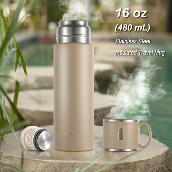 UUFFOO 16oz Stainless Steel Travel Mug, 480mL Double Wall Insulated Thermos Water Bottle with Cup Lid, Coffee Color